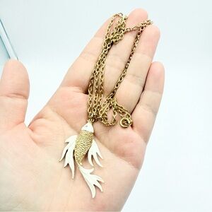 Elegant Gold Tone Enamel Fish Pendant Long Necklace With Rhinestone Eyes